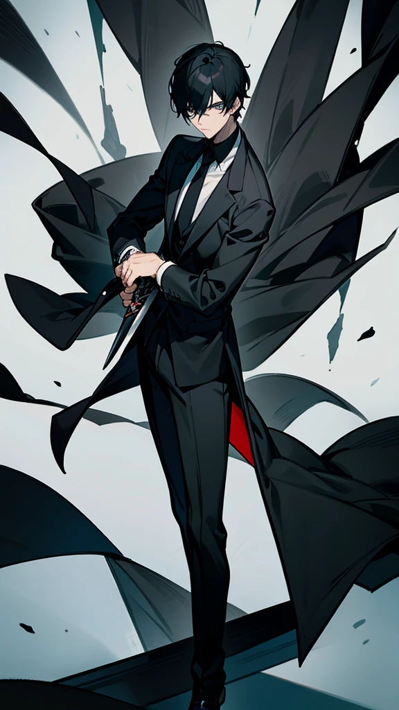 Short black hair,black suit,male,Dark Mask,Holding a long black knife,indifferent,anime style,Height 187 cm