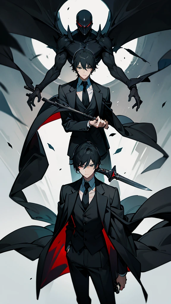Short black hair,black suit,male,Dark Mask,Holding a long black knife,indifferent,anime style,Height 187 cm