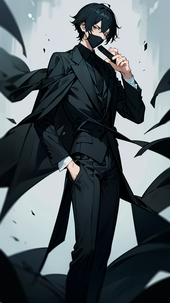 Short black hair,black suit,male,Dark Mask,Holding a long black knife,indifferent,anime style,Height 187 cm