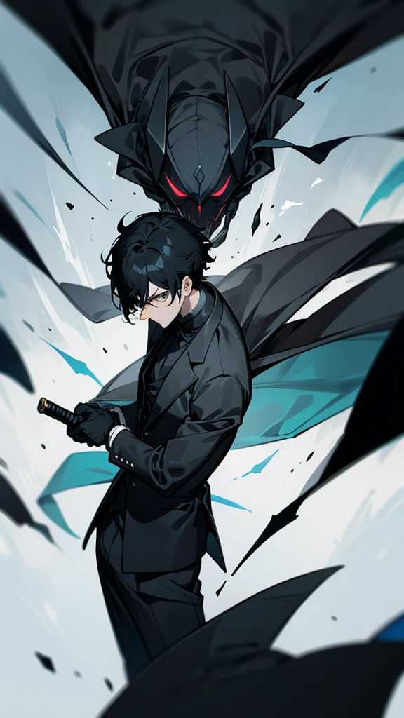 Short black hair,black suit,male,Dark Mask,Holding a long black knife,indifferent,anime style,Height 187 cm