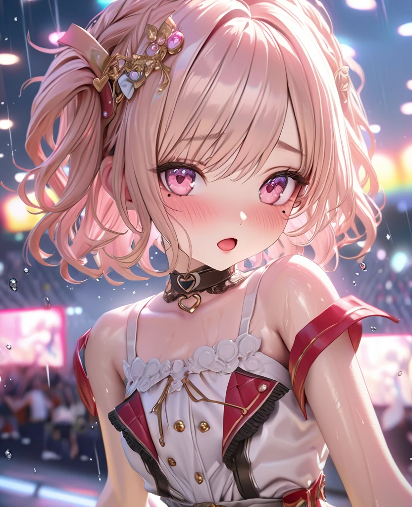 masterpiece, best quality, ultra detailed, high resolution, expensive resolution, HDR, 4k, 8K, uniform 8k wallpaper, ultra detailed CG, masterpiece, realistic, 2D, 3D, beautiful details, depth, fine texture, ultra fine: 1.3, perfectly focused, crispy .skin, .he, very cute anime girl, idol, drenched in heavy rain outdoor stage, chest part is visible through, brown short twin-tail hair wearing expensive clothes, one girl, one person, brown short twin-tail hair, idol, mole under eye, looking at the viewer, expensive, blush, mole, open lips, hair accessory, heart-shaped choker, pink eyes, choker