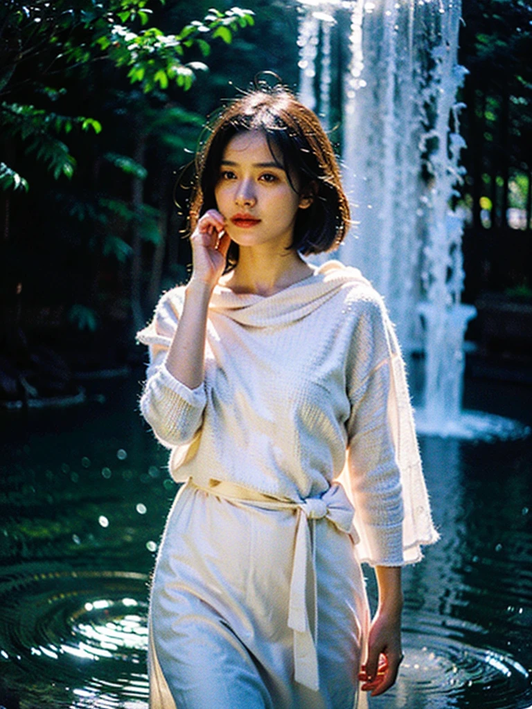 Best quality, masterpiece, ultra high res, (photorealistic:1.5), full body shot from a danish young pretty women wearing translucent veils with floating woolen fabric submarged in water with waterfall in background, dynamic deep shadow, low key, sunlight exposure on the face, dancing pose, short hair, (masterpiece:1.2), textured skin, super detail, best quality, 8k, dark moody, realism, zenit analog camera shot, aesthetic art photorealistic, trending photo shot in 2024