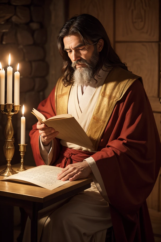 A man dressed in ancient clothes, resembling a biblical scholar, reading a scroll by candlelight. In the background, Jesus, wearing simple robes, is teaching.