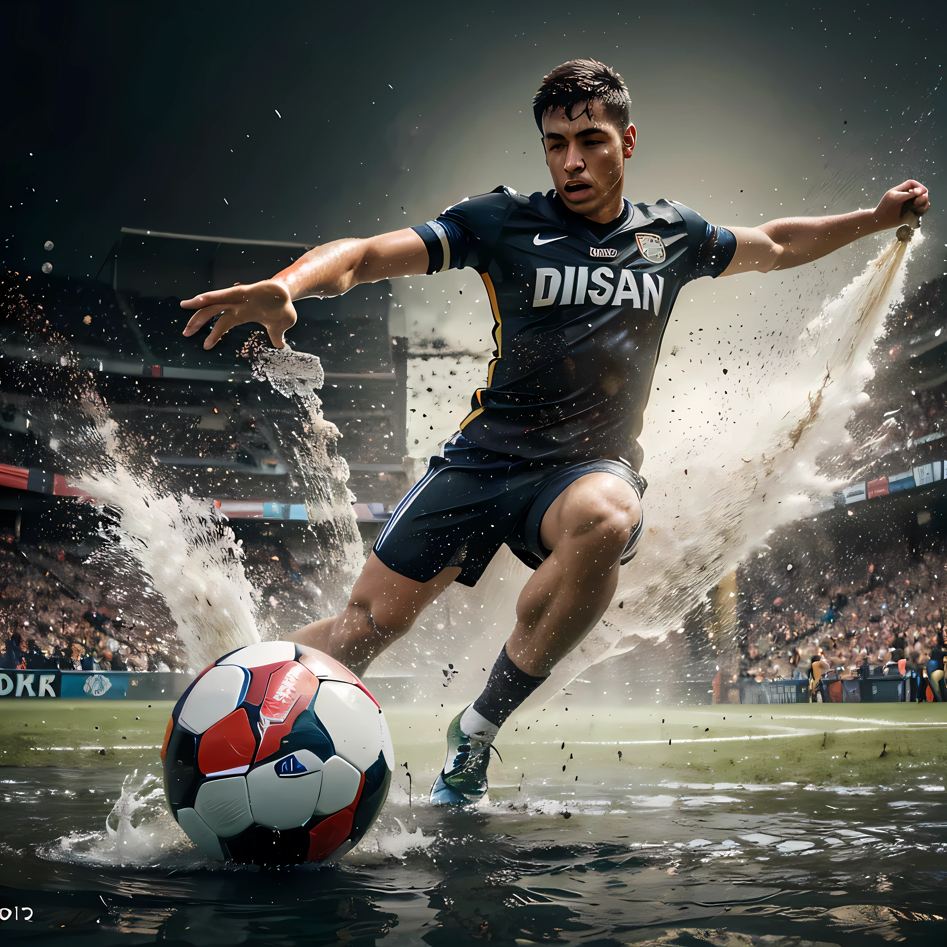Photo, advertising product, a football player wearing a jersey with the name "Dinda Regarsport" is taking a penalty kick. There was a splash of wet earth and splashes of murky water surrounding the ball. Creates a dynamic and energetic effect. The ball shot strongly and you could see the effect of the speed and spin of the ball flying towards the goal.