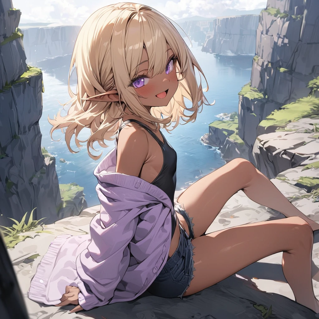 ((Masterpiece)), ((best quality)), (Anime:1.4), (super detail:1.2), (High Definition:1.3), (Professional Photography:1.3), (wide shot), (sharp focus), (perfect light), ((12 years old)), (1girl), cute young girl, (from side), (nauhty smile), open mouth, (Beautiful purple eyes:1.2), (dark skin), elf girl, wearing long cardigan, small breast, (Healthy slim body), (very long bangs:1.3), unruly hair, (medium hair), ((beautiful blond hair)), shortpants, BREAK, ((best quality)), sitting on the ground, (Sit with legs stretched out), knee up, (Cliffs over 100 meters above sea level)), (super detail:1.2),