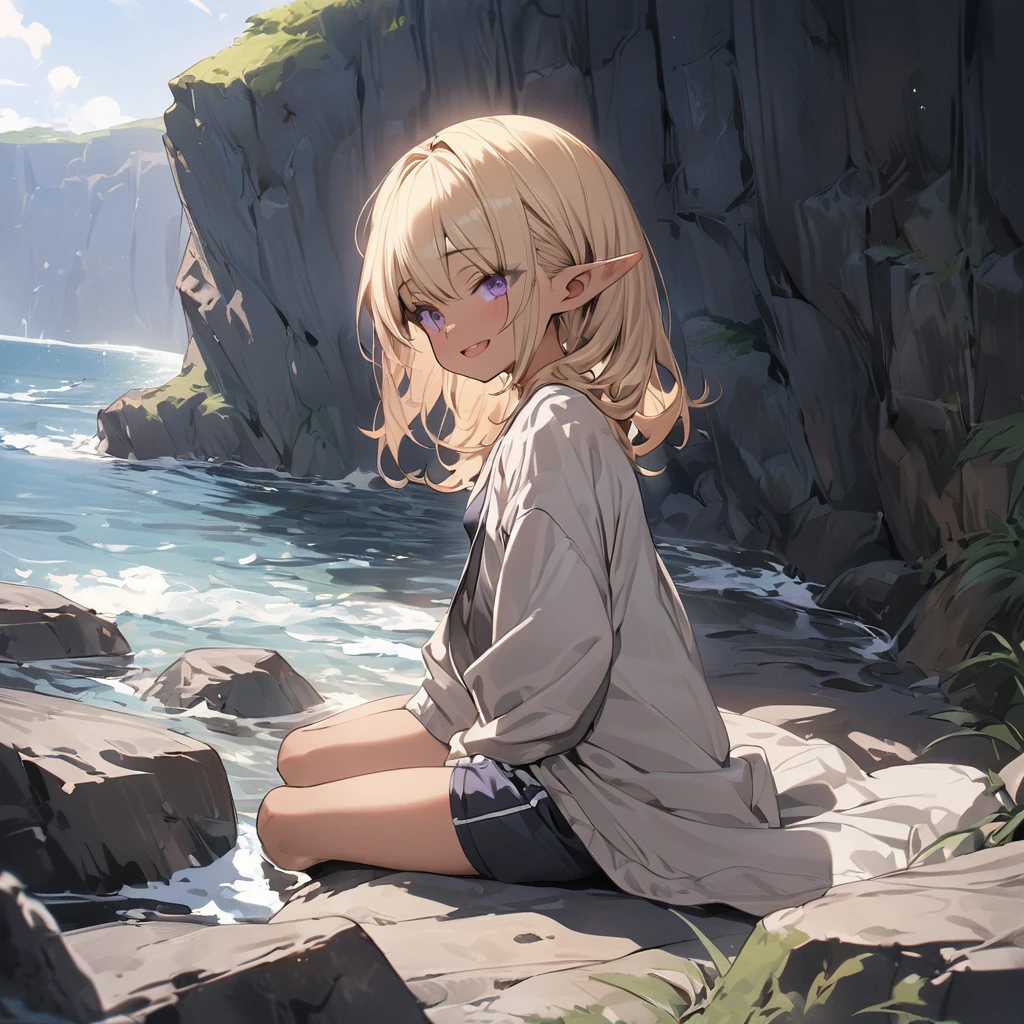 ((Masterpiece)), ((best quality)), (Anime:1.4), (super detail:1.2), (High Definition:1.3), (Professional Photography:1.3), (wide shot), (sharp focus), (perfect light), (()), (1girl), cute young girl, (from side), (nauhty smile), open mouth, (Beautiful purple eyes:1.2), (dark skin), elf girl, wearing long cardigan, small breast, (Healthy slim body), (very long bangs:1.3), unruly hair, (medium hair), ((beautiful blond hair)), shortpants, BREAK, ((best quality)), sitting on the ground, (Sit with legs stretched out), knee up, (Cliffs over 100 meters above sea level)), (super detail:1.2),