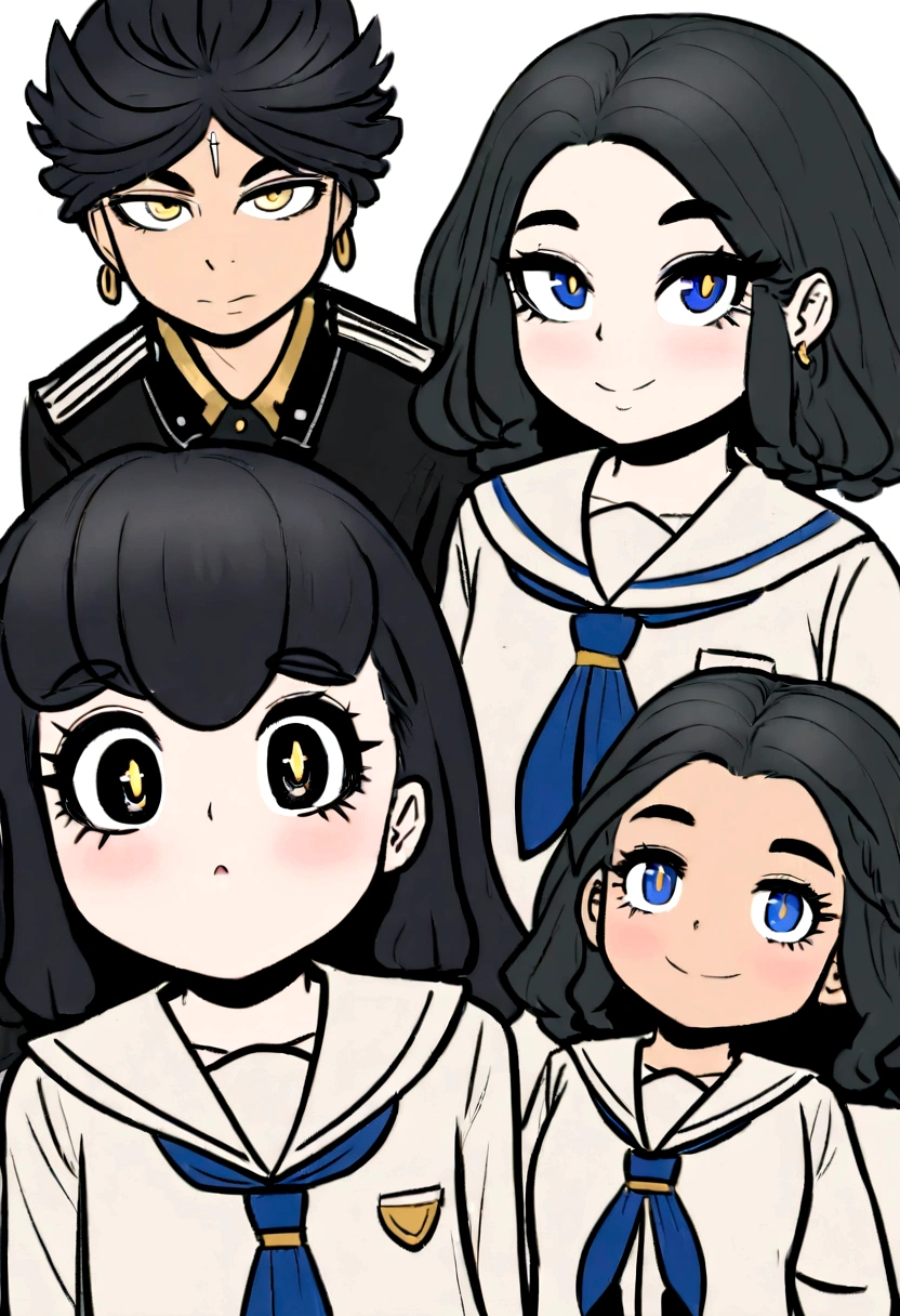 Dos gemelos una chica y un chico cabello negro y con mechones azules en el cabello, ojos amarillos intensos, y con pecas en la cara. Llevan puesto uniforme de la UA y atras de fondo un ambiente escolar 