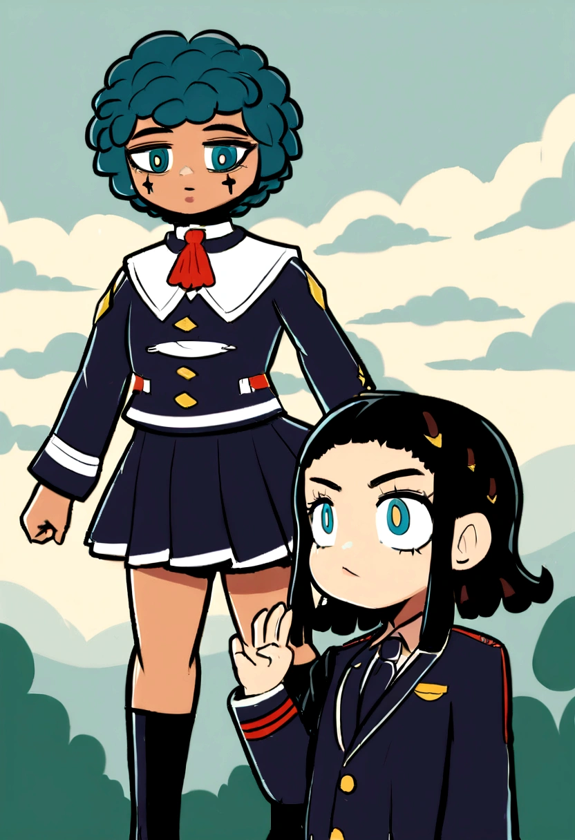 Dos gemelos una chica y un chico cabello negro y con mechones azules en el cabello, ojos amarillos intensos, y con pecas en la cara. Llevan puesto uniforme de la UA y atras de fondo un ambiente escolar