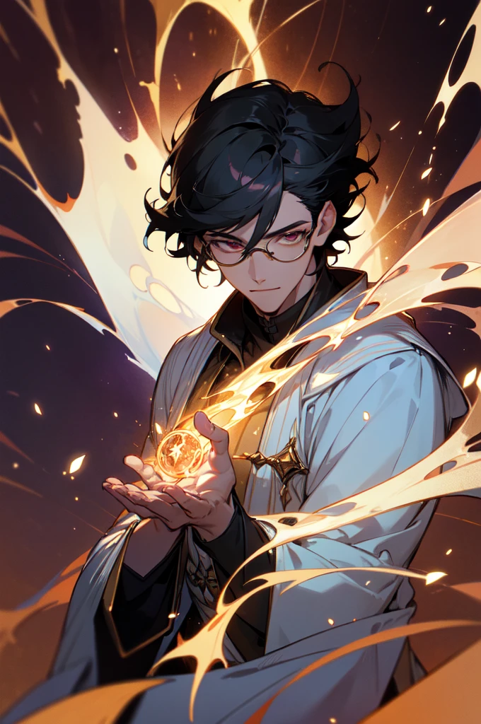 masterpiece, best quality, 1 male, young, tall muscular, handsome, finely detailed eyes, intricate details, black hair, short hair, smile, solo, upper body, detailed background, detailed face, good sorcerer, color magical robes, determined expression, white color scheme, dark crimson light, glowing magical runes, realistic lighting, floating particles, sparks, surrounded by gold lightning red arcane symbols, corrupted by eldritch power, bloom, glasses