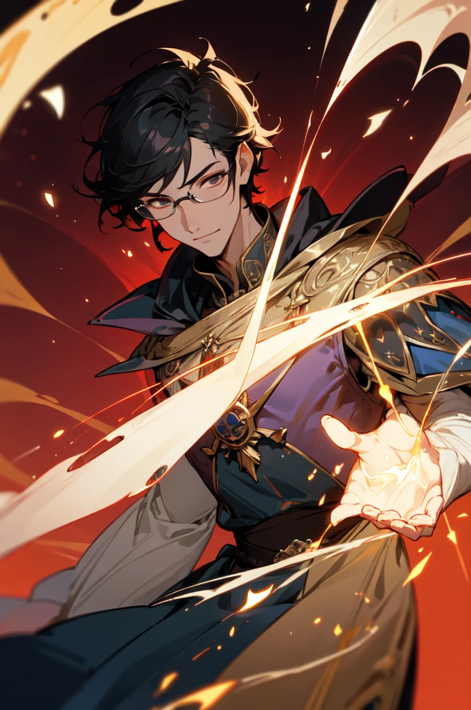 masterpiece, best quality, 1 male, young, tall muscular, handsome, finely detailed eyes, intricate details, black hair, short hair, smile, solo, upper body, detailed background, detailed face, good sorcerer, color magical robes, determined expression, white color scheme, dark crimson light, glowing magical runes, realistic lighting, floating particles, sparks, surrounded by gold lightning red arcane symbols, corrupted by eldritch power, bloom, glasses