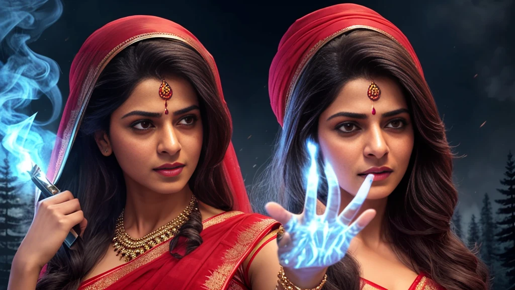 Draw a scene of an Indian chudail, Shahrukh Khan as a female ghost with long hair and inverted feet, in a realistic style,She is flying in the night sky, Haunted Forest, She is wearing a Red sari that covers her head and flows behind her like a trail of smoke, Her face is beautiful, with sharp teeth and glowing red eyes, She is holding a severed head in one hand and a bloody knife in the other. She is looking for her next victim, who is unaware of her presence, ultra realistic, highly detailed, proper body parts