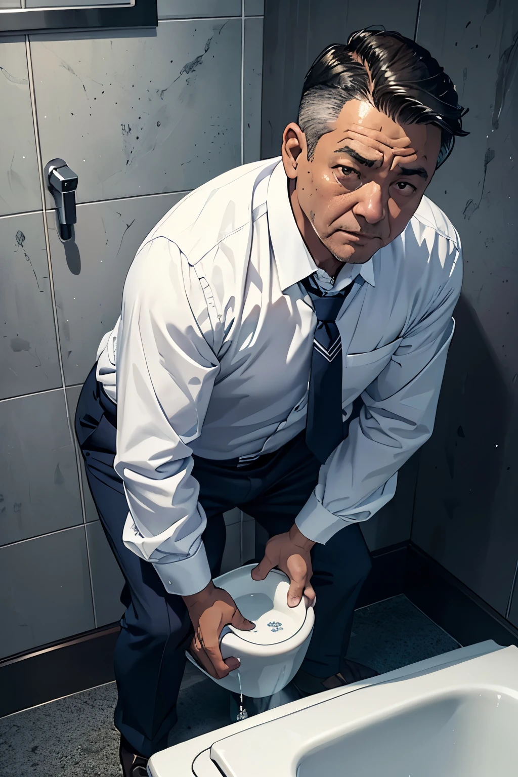 A middle-aged man relieving himself at a urinal、White Y-shirt and tie、A dark and suspicious toilet at night、Detailed facial expressions、Hands on male genitalia、(((Is peeing)))