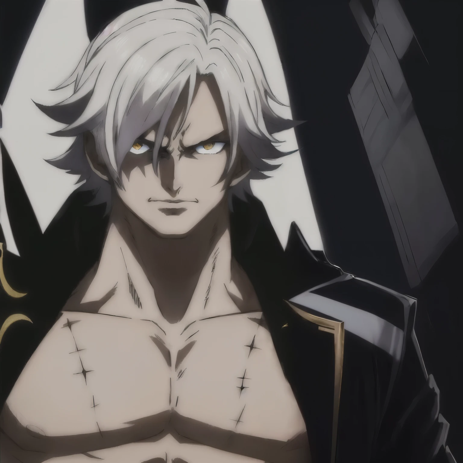 a close up of a person with a white hair and a black and white outfit, a silver haired mad, white haired deity, hajime yatate, he's very menacing and evil, white fox anime, male anime character, nefarious smirk, best anime character design, screenshot from black clover, menacing pose, beautiful male god of death