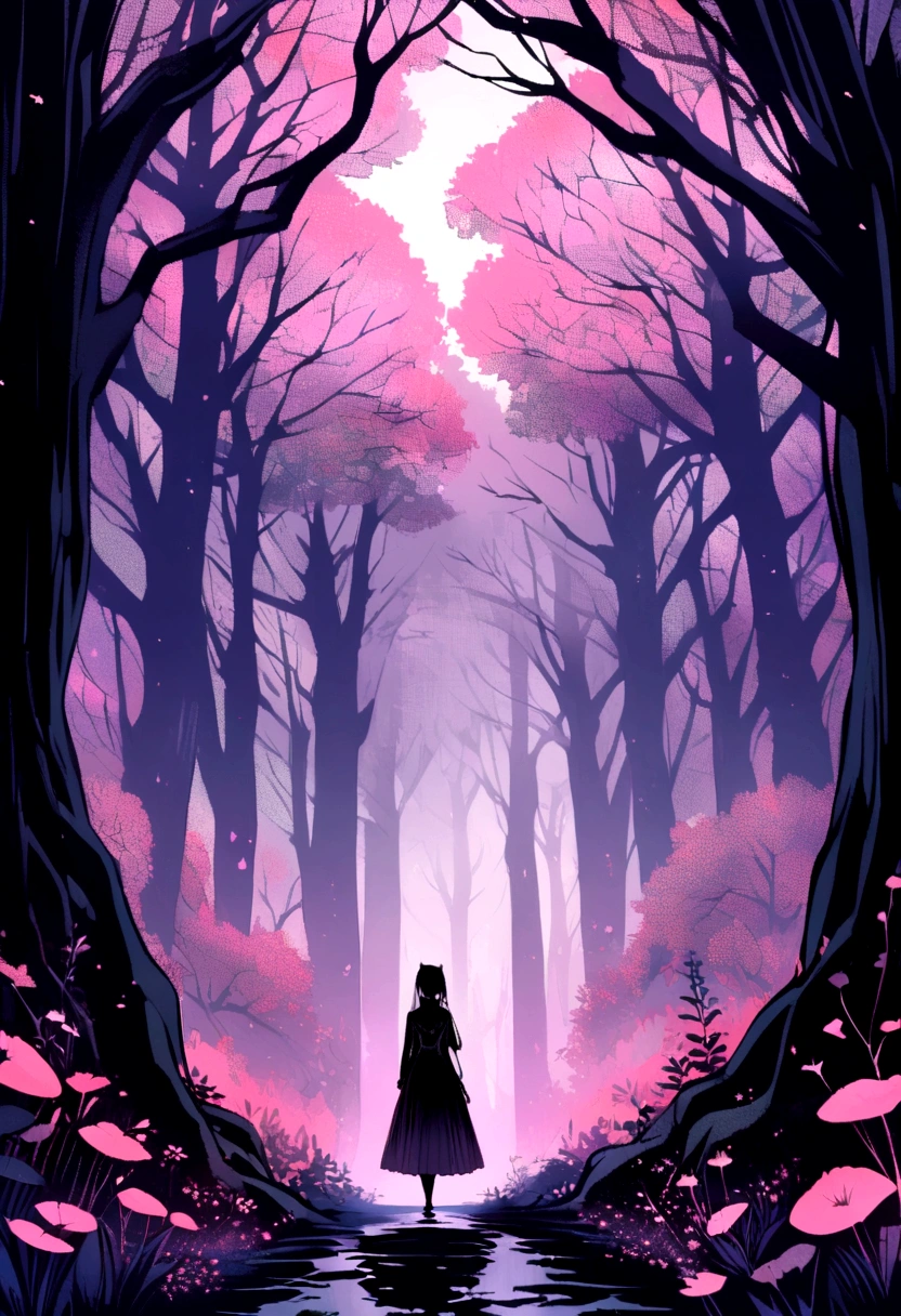 Generate an enchanted forest scene where hidden symbols or messages appear within the foliage, revealed only through specific color filters.