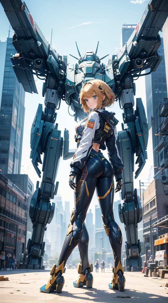 Girl standing in front of the mecha,Mech pilot,Rounded curves of the mecha,Mecha Background,Mechanical style background,Girl in tights standing in front of mecha,Girl standing in front of a mecha,Behind the girl is a huge mecha,Standing in front of the mech,The girl in tights stands in front of the tall mecha,Behind the girl in tights is a mecha,女孩Standing in front of the mech,女孩Standing in front of the mech,Standing in front of the mech的女孩,Mecha Background,The background is a mecha,Girl waist up close,Tilt view lens,Girl standing under the mecha