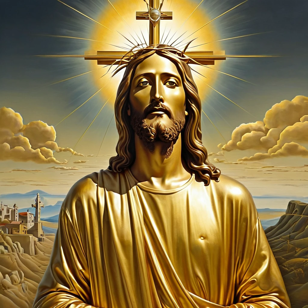 art surrealism golden Jesus standing in front