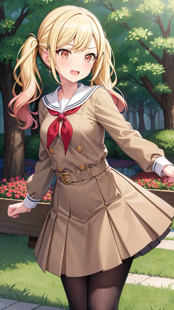 masterpiece, best quality, highres, 1girl, solo, ichigaya arisa, twintails, x hair ornament, , pleated dress, pantyhose, tenmasaki, shirt, long sleeves, bow, ribbon, twintails, , sidelocks, pleated skirt, hairband, serafuku, sailor collar, red bow, side ponytail, sweater, neckerchief, eyelashes, buttons, swept bangs, wavy hair, red neckerchief, grey skirt, white sailor collar, orange bow, happy, cowbow shot, outdoors, forest