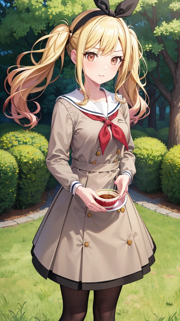 masterpiece, best quality, highres, 1girl, solo, ichigaya arisa, twintails, x hair ornament, , pleated dress, pantyhose, tenmasaki, shirt, long sleeves, bow, ribbon, twintails, , sidelocks, pleated skirt, hairband, serafuku, sailor collar, red bow, side ponytail, sweater, neckerchief, eyelashes, buttons, swept bangs, wavy hair, red neckerchief, grey skirt, white sailor collar, orange bow, happy, cowbow shot, outdoors, forest