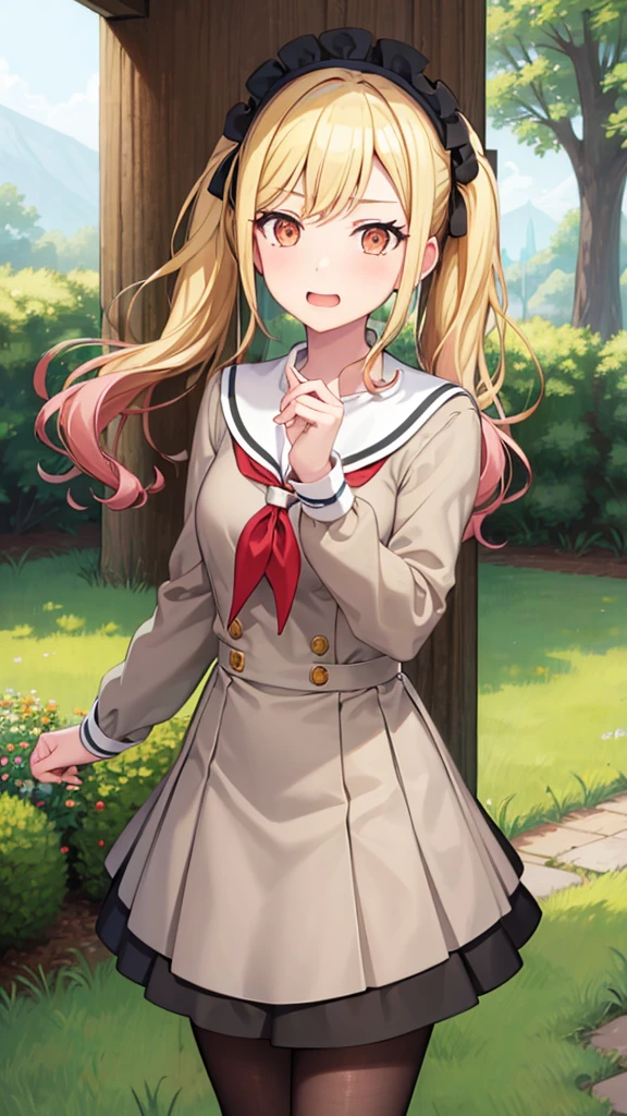 masterpiece, best quality, highres, 1girl, solo, ichigaya arisa, twintails, x hair ornament, , pleated dress, pantyhose, tenmasaki, shirt, long sleeves, bow, ribbon, twintails, , sidelocks, pleated skirt, hairband, serafuku, sailor collar, red bow, side ponytail, sweater, neckerchief, eyelashes, buttons, swept bangs, wavy hair, red neckerchief, grey skirt, white sailor collar, orange bow, happy, cowbow shot, outdoors, forest