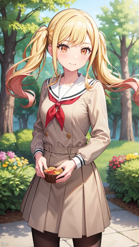 masterpiece, best quality, highres, 1girl, solo, ichigaya arisa, twintails, x hair ornament, , pleated dress, pantyhose, tenmasaki, shirt, long sleeves, bow, ribbon, twintails, , sidelocks, pleated skirt, hairband, serafuku, sailor collar, red bow, side ponytail, sweater, neckerchief, eyelashes, buttons, swept bangs, wavy hair, red neckerchief, grey skirt, white sailor collar, orange bow, happy, cowbow shot, outdoors, forest