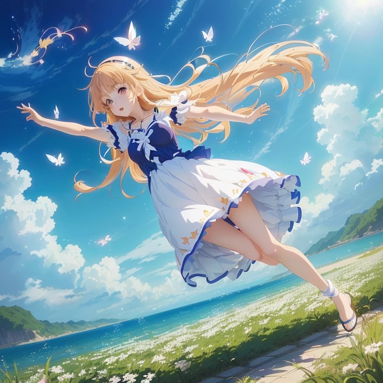 anime girl in a dress jumping in the air with her hair blowing in the wind, smooth anime cg art, official artwork, splash art anime loli, anime visual of a cute girl, mana in the air, anime beautiful peace scene, rin, beautiful anime, loli in dress, daytime ethereal anime, official anime artwork, beautiful anime artwork, anime key visual concept