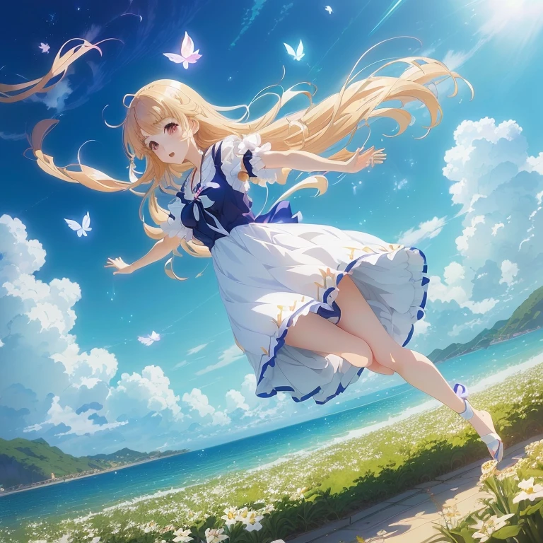 anime girl in a dress jumping in the air with her hair blowing in the wind, smooth anime cg art, official artwork, splash art anime , anime visual of a cute girl, mana in the air, anime beautiful peace scene, rin, beautiful anime, lolidress, daytime ethereal anime, official anime artwork, beautiful anime artwork, anime key visual concept