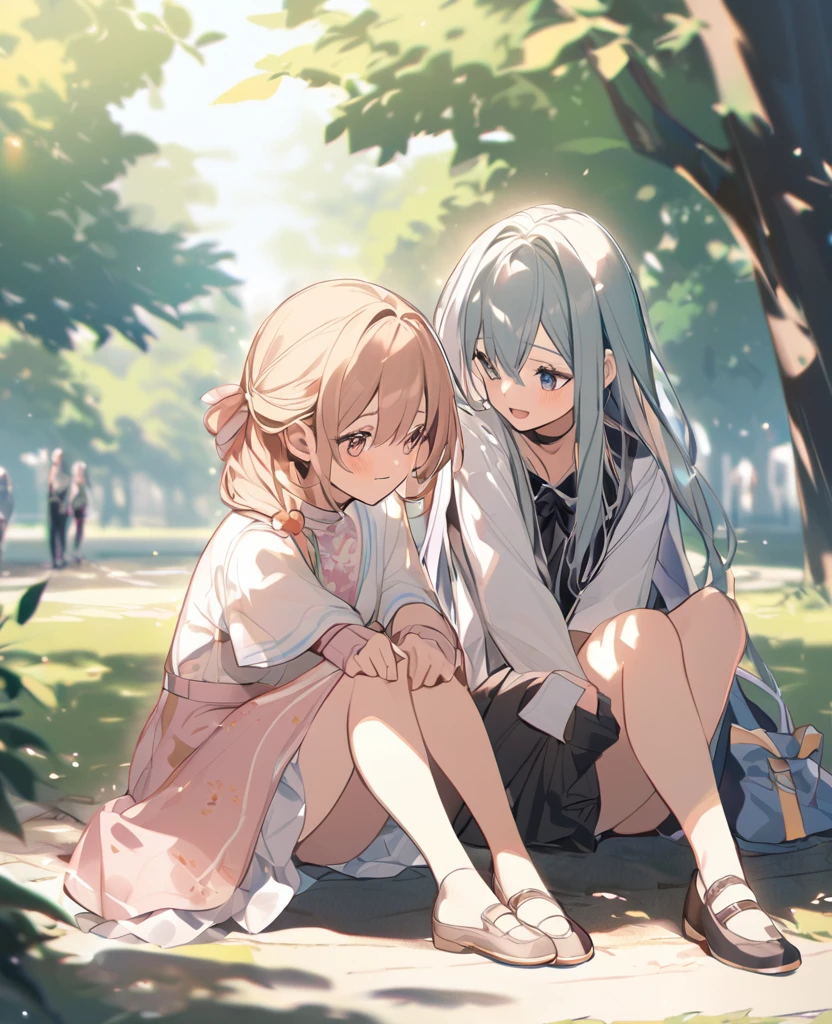 Girls sitting in the park with their hands on the ground