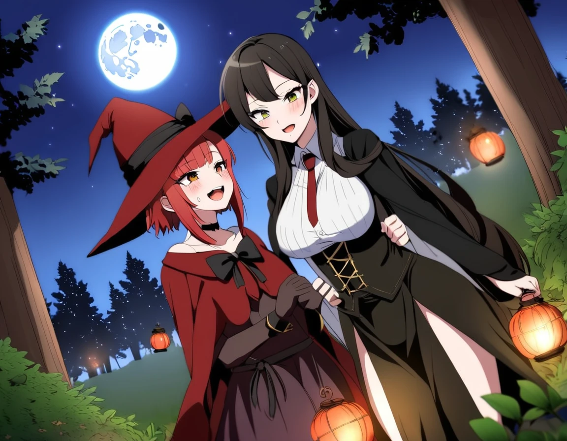 A Red haired witch girl and a black haired vampire girl in a forest under a full moon, both mature