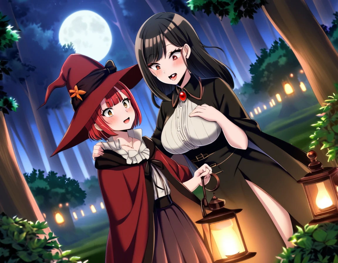 A Red haired witch girl and a black haired vampire girl in a forest under a full moon, both mature