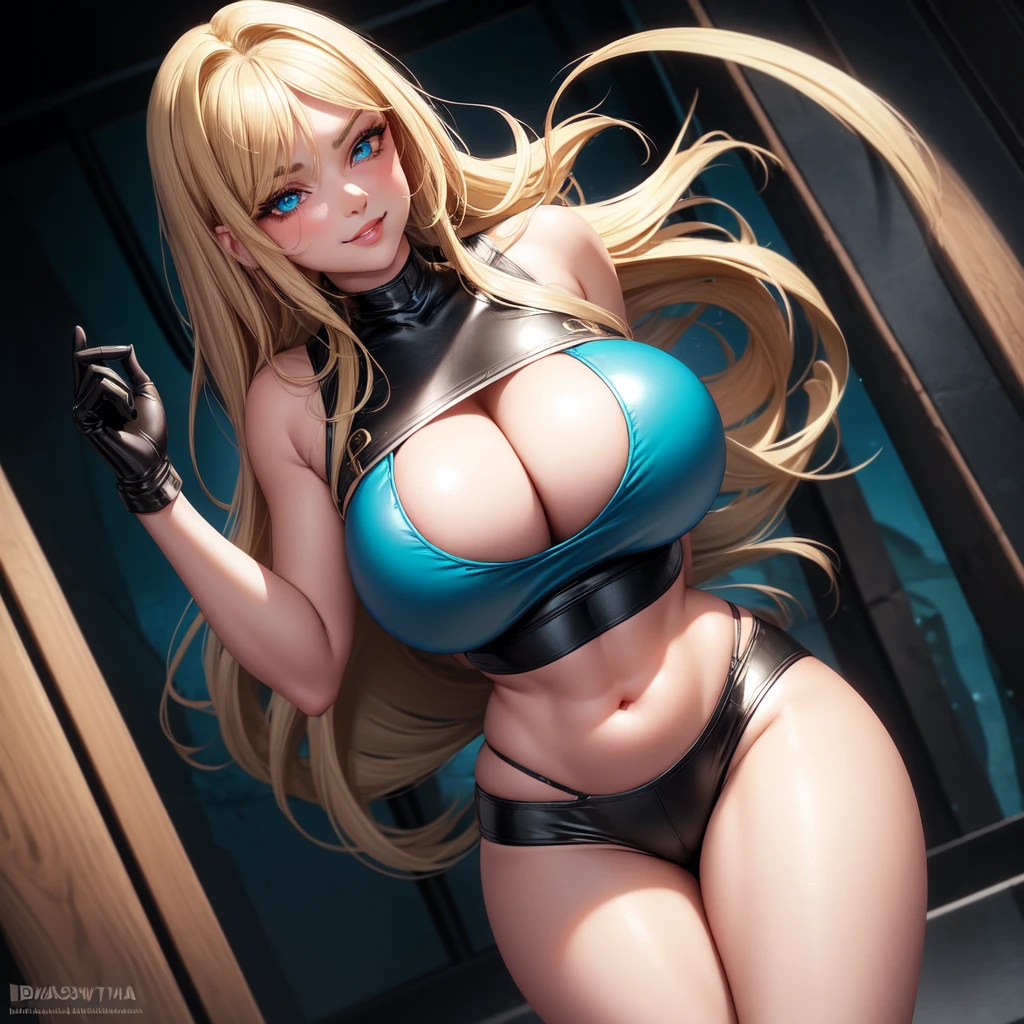 1 girl, solo, Big round breasts, curvy hips, hourglass waist, realistic, bright blonde hair, green and blue eyes, amazing big eyes, eye details, eyebrow details, big lips, blush, confident, dominant, bdsm, smirk, naughty, mischevious face, HD, good quality, crop top, shorts latex