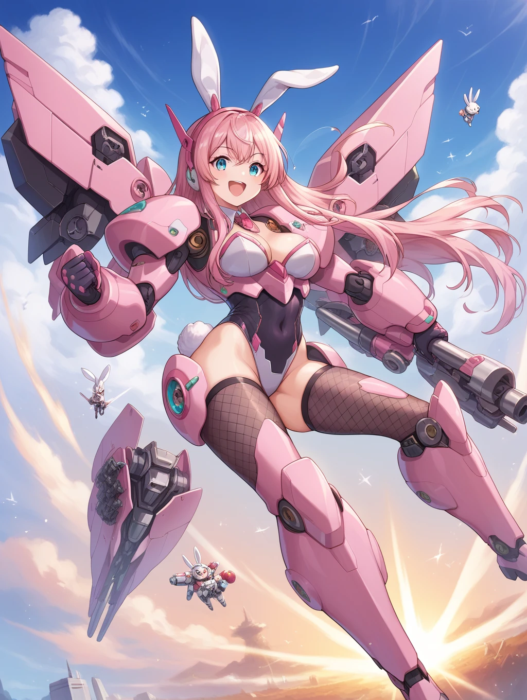 score_9, score_8_up, score_7_up, source_anime, masterpiece, best quality, high resolution, extremely detailed CG, absurdres, 1girl, a girl in mecha bunny_suit jumps high in the air, mecha_bunny_ears, fake animal ears, mecha armor,happy, kawaii, sky, jump, fishnet_thighhighs, large_breasts, holding weapon