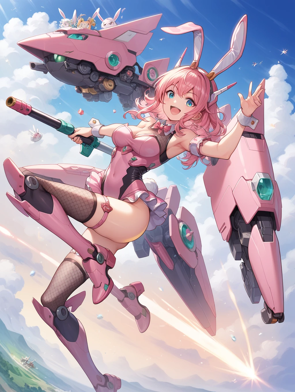 score_9, score_8_up, score_7_up, source_anime, masterpiece, best quality, high resolution, extremely detailed CG, absurdres, 1girl, a girl in mecha bunny_suit jumps high in the air, mecha_bunny_ears, fake animal ears, mecha armor,happy, kawaii, sky, jump, fishnet_thighhighs, large_breasts, holding weapon