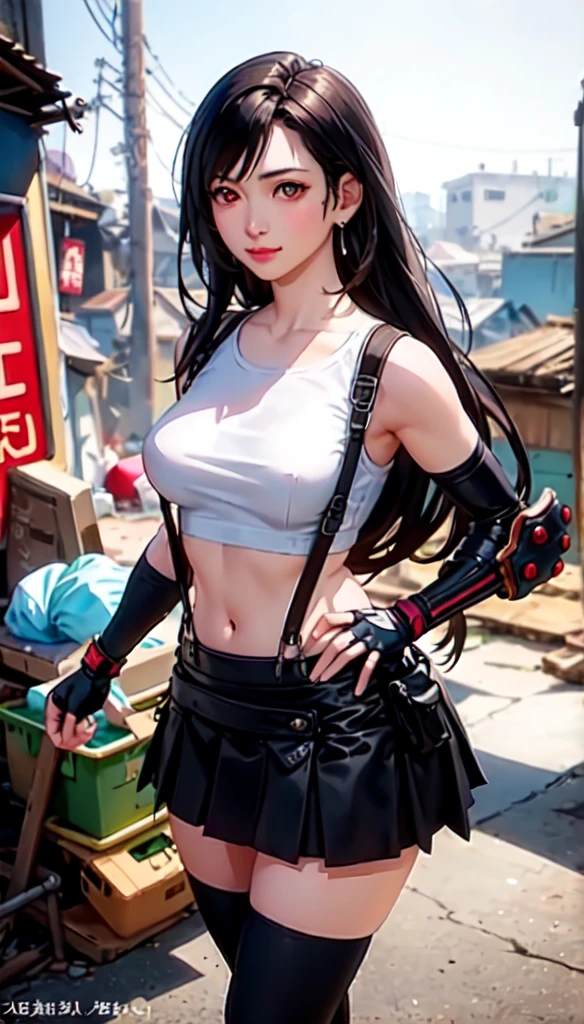 (best quality, masterpiece:1.4), (ultra high resolution:1.4), 8k illustration, extremely detailed, 3D, (realistic:1.45), (photo realistic:1.47), soft focus, blurry background, a Japanese woman, 7rtifa, incredible beautiful woman, extremely delicate and beautiful woman, solo, cute and pretty face, elegant, gentle, neat, red eyes, puffy lips, low-tied long hair, medium breasts, clear and fair skin, perfect figure, earrings, white crop top, suspenders, pleated miniskirt, black thighhighs, arm guards, elbow gloves, fingerless gloves, standing, both hands on hips, gentle smile, (in the slum:1.3), (cowboy shot), (shot from diagonally front),
