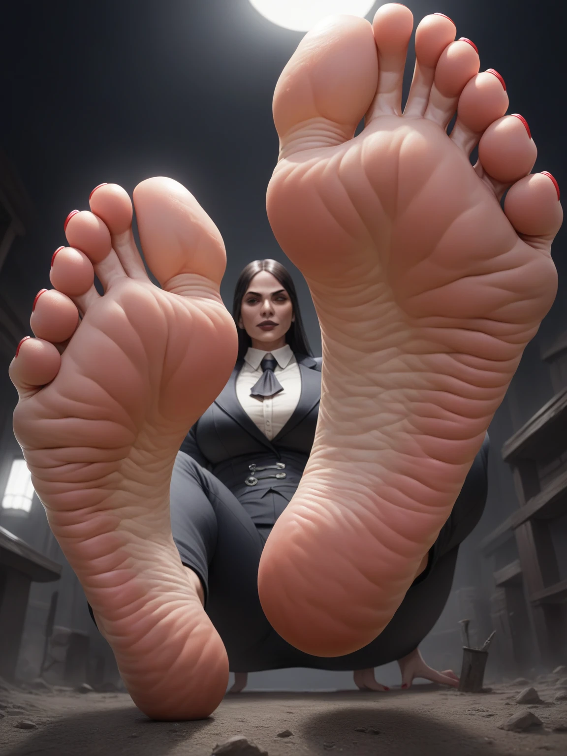 Giant feet soles and toes, red toesnail, black and red backfround, the ground was made of dark water, ultra detailed, wrinkled soles, dirty soles, no character. Masterpiece, 4k, low-angle view, fives toes, two feet