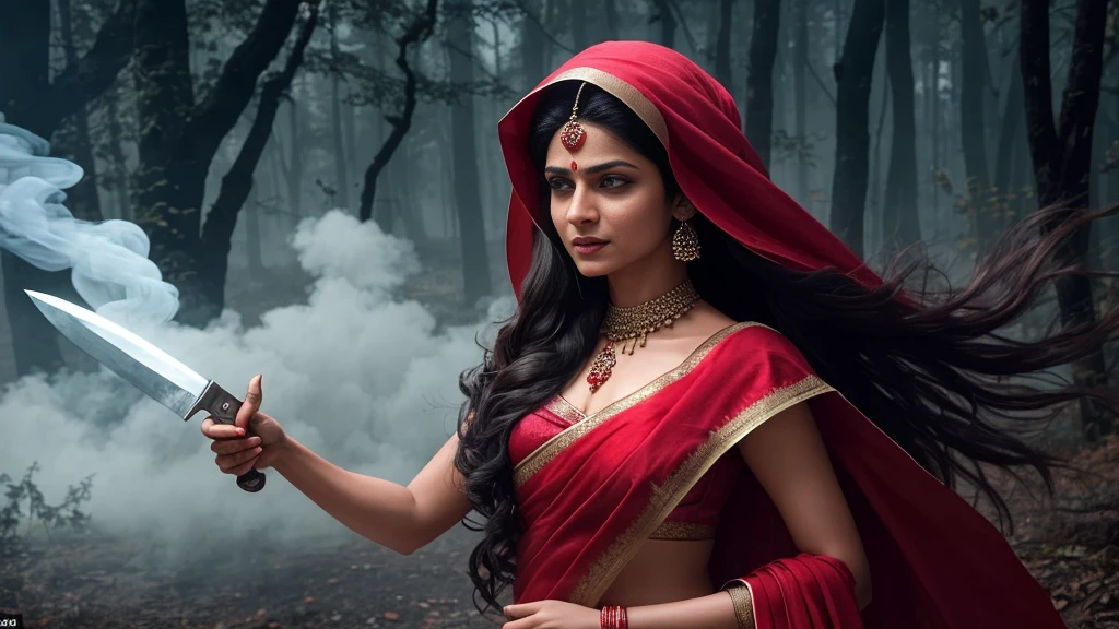 Draw a scene of an Indian chudail, Shahrukh Khan as a female ghost with long hair and inverted feet, in a realistic style,She is flying in the night sky, Haunted Forest, She is wearing a Red sari that covers her head and flows behind her like a trail of smoke, Her face is beautiful, with sharp teeth and glowing red eyes, She is holding a severed head in one hand and a bloody knife in the other. She is looking for her next victim, who is unaware of her presence, ultra realistic, highly detailed, proper body parts