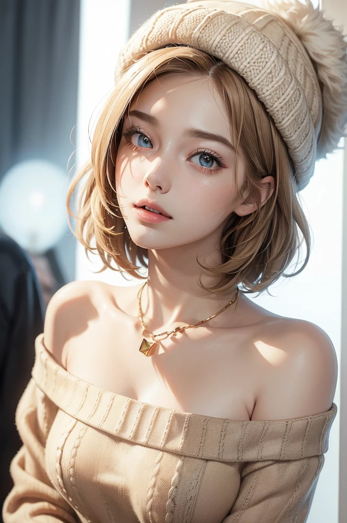(Masseter muscle film:1.3)、(8k、Realism、original photography、top quality: 1.4)、(1 girl in)、beautiful face、(lifelike face)、(light beige mixed hair、short hair:1.3)、(plump )、off shoulder sweater、is outstanding 、is visible、((Sexy))、Wool cap、Wearing a cute knitted pom-pom hat、A necklace、(Display the hat on the screen)、realistic eyes、beautiful details、(real skin)、beautiful skin、absurd、Tempting、ultra high resolution、surreal、high detail、golden ratio