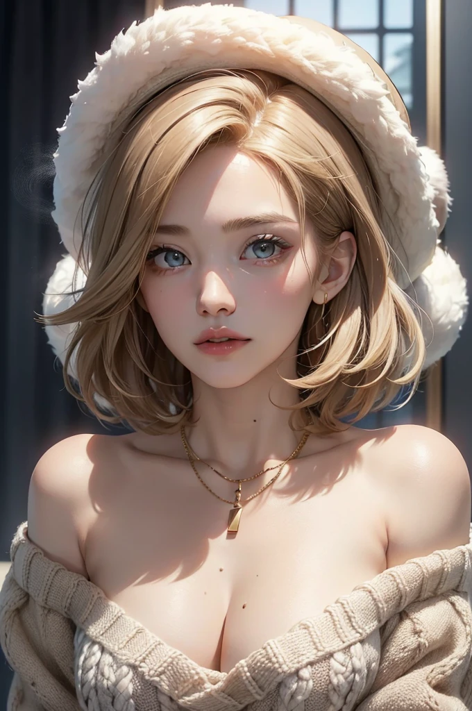 (Masseter muscle film:1.3)、(8k、Realism、original photography、top quality: 1.4)、(1 girl in)、beautiful face、(lifelike face)、(light beige mixed hair、short hair:1.3)、(plump )、off shoulder sweater、is outstanding 、is visible、((Sexy))、Wool cap、Wearing a cute knitted pom-pom hat、A necklace、(Display the hat on the screen)、realistic eyes、beautiful details、（real skin）、beautiful skin、absurd、Tempting、ultra high resolution、surreal、high detail、golden ratio