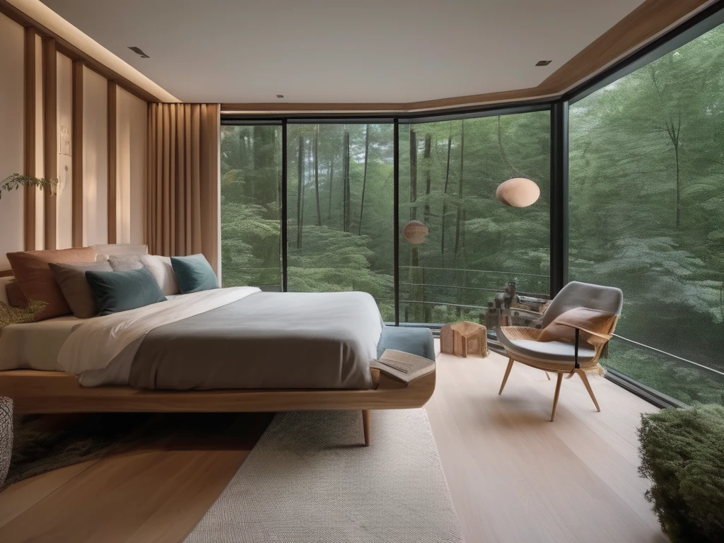 There is a bed in a room with a big window, Simple arrangement,Dense forest, Quiet and peaceful atmosphere, Peaceful bedroom environment, relaxing environment, Soothing and comfortable landscape, Peaceful and tranquil, Peaceful forest environment,