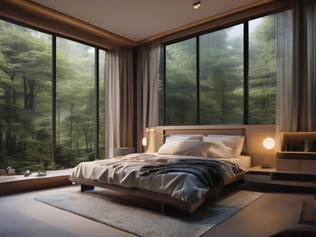 There is a bed in a room with a big window, Simple arrangement,Dense forest, Quiet and peaceful atmosphere, Peaceful bedroom environment, relaxing environment, Soothing and comfortable landscape, Peaceful and tranquil, Peaceful forest environment,