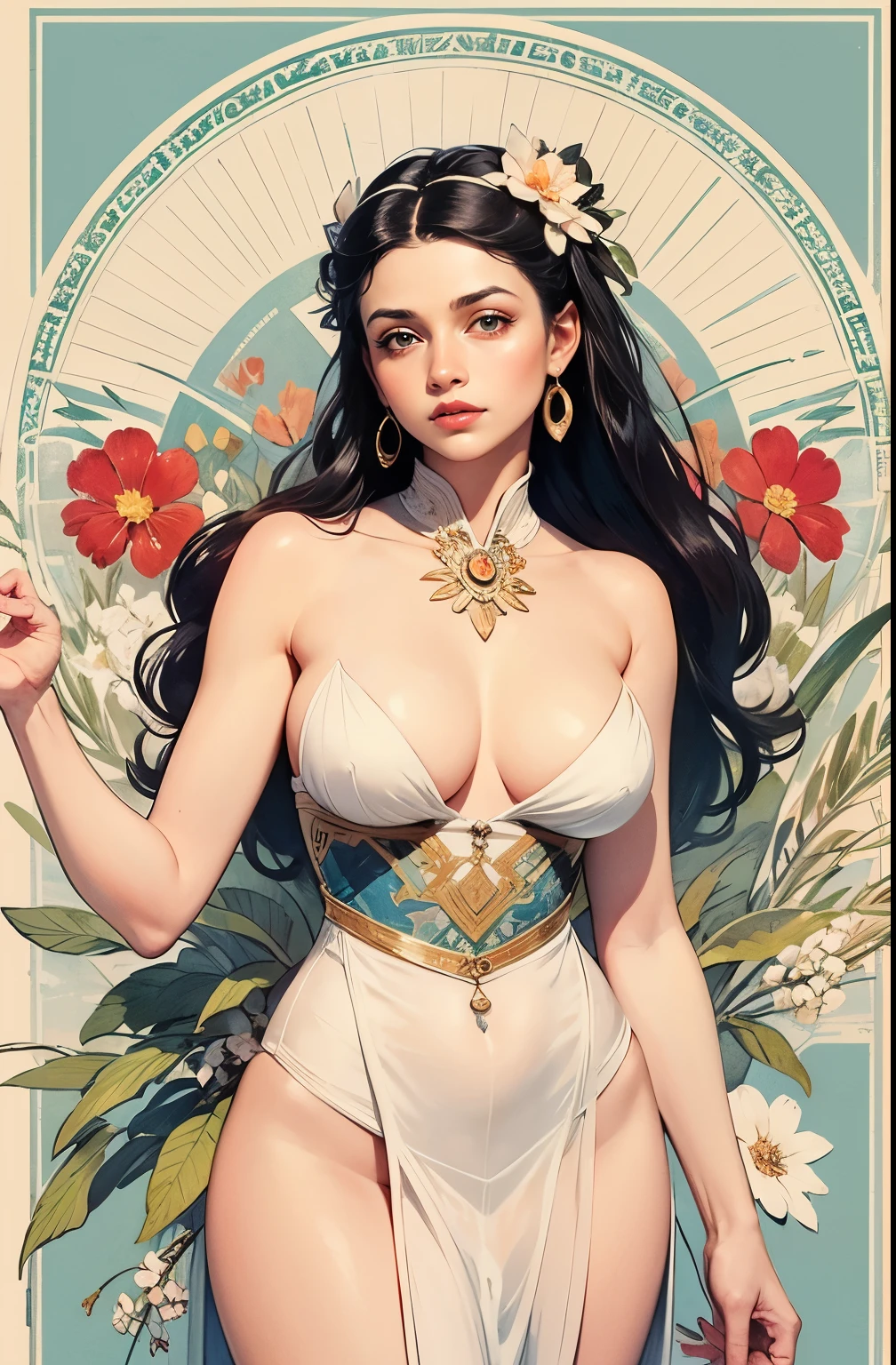 ((Best Quality)), ((High Definition)), ((Not Nude)) moon goddess, Big breasts, exposed camel toe, big eyes, long, thick eyelashes, plump dark red lips, blue eyes, long hair and thick, high ponytail, chubby, floral_background, Intricate patterns and patterns in the style of Alphonse Mucha..front