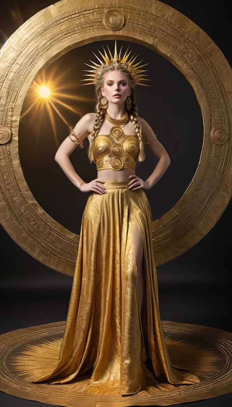 Sun goddess, woman, golden clothes very short top and floor length skirt with neckline and round patterns , crown on the head in the form of a huge disk of the sun, long golden hair to the floor braided in two braids with round hairpins, full length