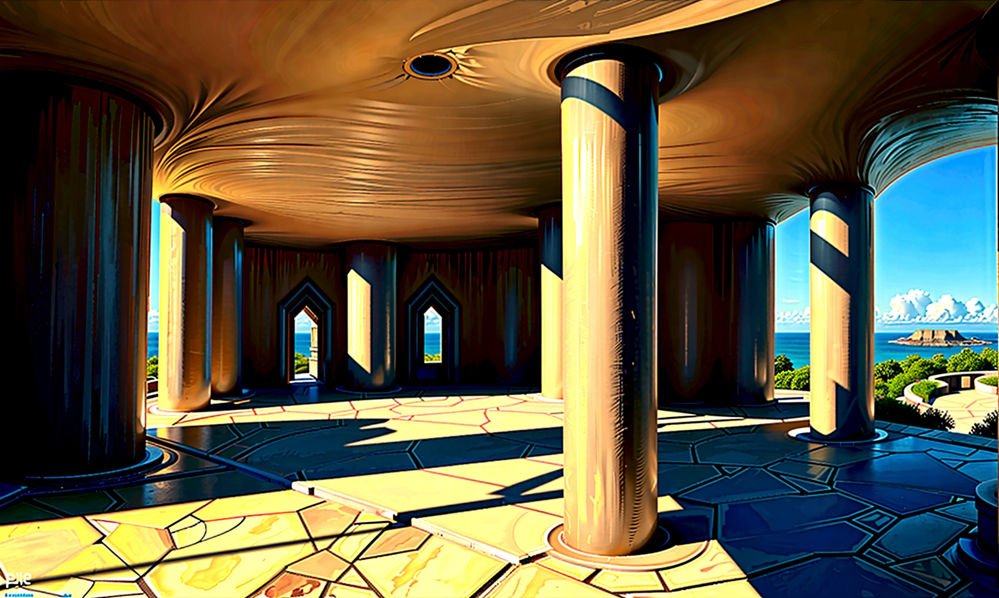 Create an RPG scene in a spacious, cylindrical underground chamber. The walls are extremely high and open up to a blue sky illuminated by the sun. The temperature is pleasant, and a gentle breeze blows through the large hole in the ceiling. Birds nest high up on the walls, and trees and shrubs grow in the crevices. On the wall opposite the entrance, there are nine interlocking rings, each adorned with repeating symbols in a random order. In the center of the chamber, three stone pillars stand with symbols engraved on them: a scale, intertwined hands, and a protected tower. Sunlight fills the chamber, casting soft shadows and creating a serene and mysterious atmosphere