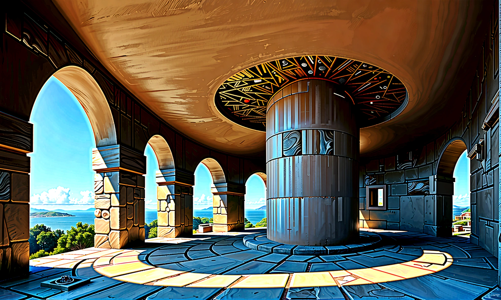 Create an RPG scene in a spacious, cylindrical underground chamber. The walls are extremely high and open up to a blue sky illuminated by the sun. The temperature is pleasant, and a gentle breeze blows through the large hole in the ceiling. Birds nest high up on the walls, and trees and shrubs grow in the crevices. On the wall opposite the entrance, there are nine interlocking rings, each adorned with repeating symbols in a random order. In the center of the chamber, three stone pillars stand with symbols engraved on them: a scale, intertwined hands, and a protected tower. Sunlight fills the chamber, casting soft shadows and creating a serene and mysterious atmosphere