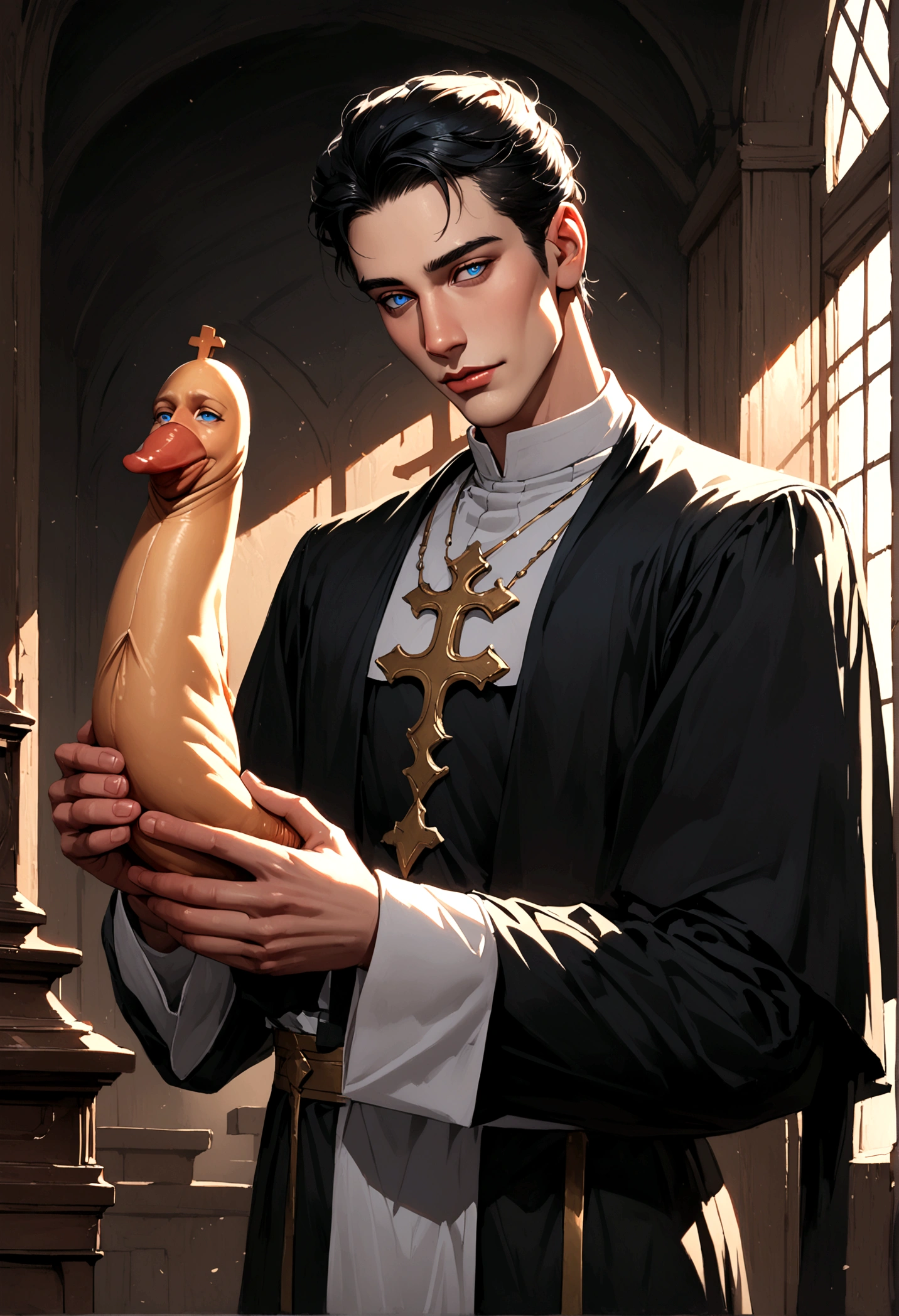 A young priest with short black hair, with blue eyes and realistic features, quite handsome and attractive, with his ten inch cock sticking out (Man)