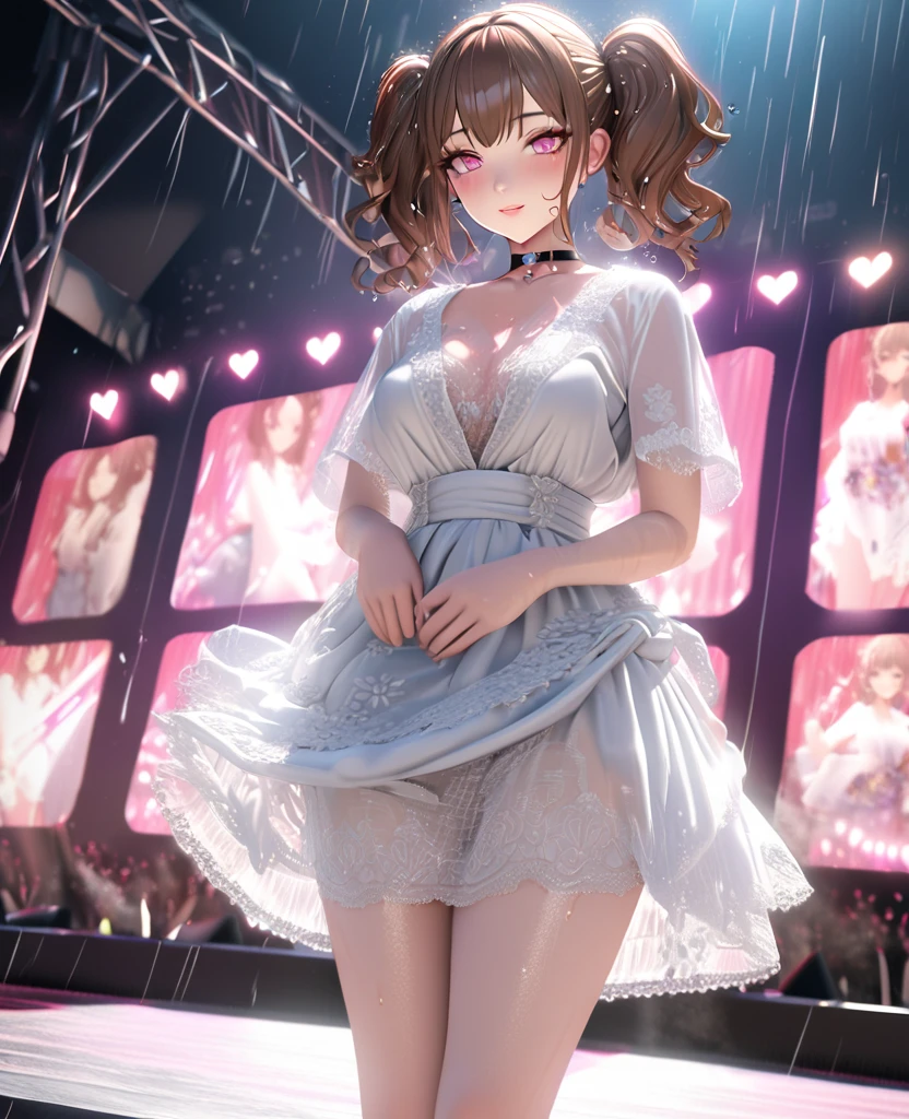 one girl, staring at the audience, beautiful pink eyes, brown hair in short twin tails, mole under eye, plump glossy lips, heart shaped choker, idol, her name is Mei, smiling, . . . 3D, realistic, idol's costume was drenched in heavy rain, her chest was wet and see-through, heavy rain at outdoor concert, draped clothes, jewelry and decorations removed, floral patterns, lace trim, glittering on stage, masterpiece, best quality, 8k, detailed skin texture, detailed fabric texture, beautifully detailed face, intricate details, highly detailed, ultra high resolution, 8k Ultra HD, film grain, best shadows, delicate, staring at the audience, front