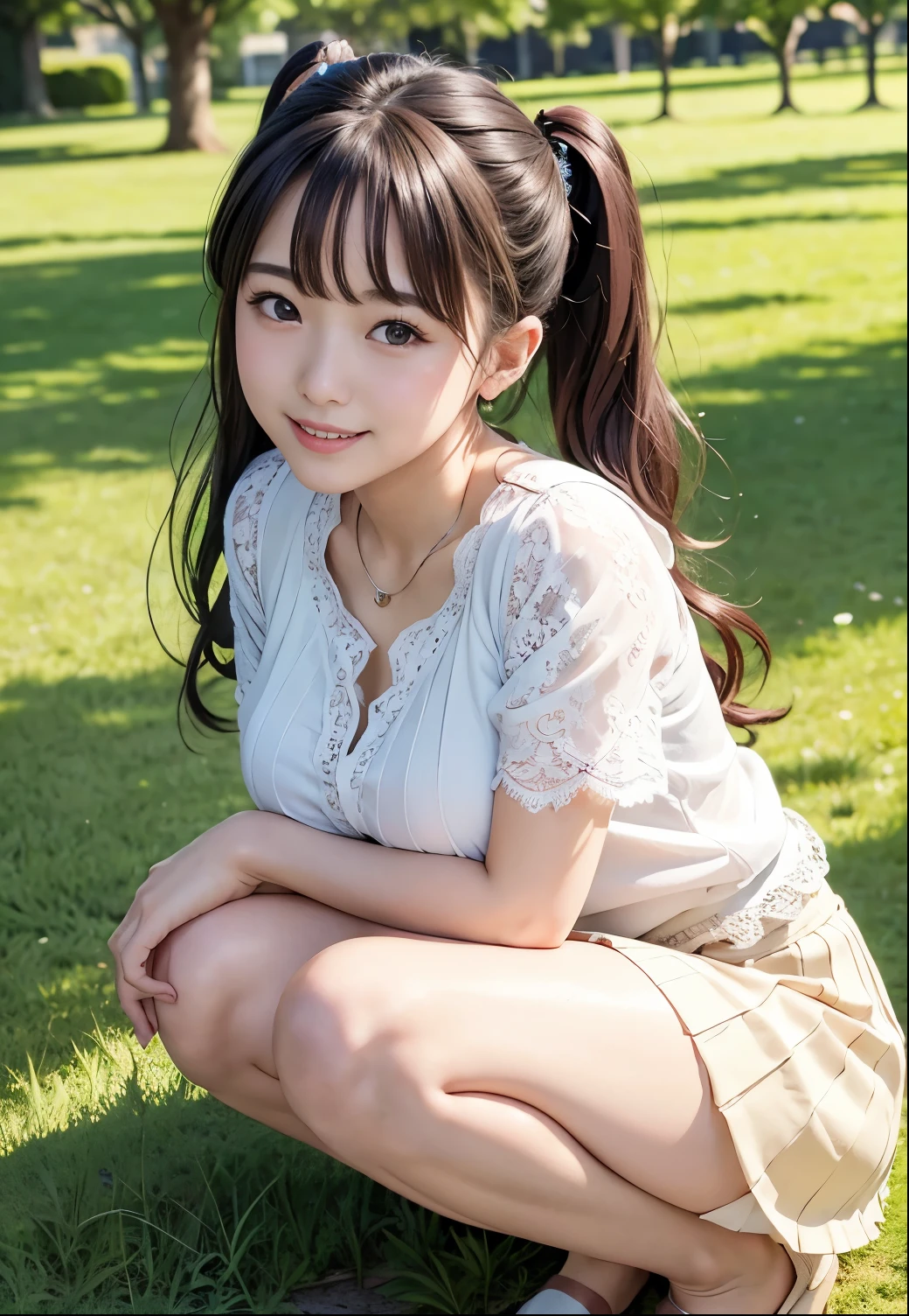 (Highest quality,masterpiece:1.3,Ultra-high resolution),(Very detailed、Caustics) (Realistic:1.4, RAW shooting、)Ultra-Realistic Capture、Very detailed、Natural skin texture、masterpiece、(Japanese girl wearing a lace blouse and pleated skirt:1.3)、Adorable expression、Expressions of happiness、、height: 148cm、Young Face、Amazingly cute、Twin tail hairstyle、Curly Hair、Scrunchie、necklace、Black Hair、light makeup、Large breasts、Shining thighs、Shining ass、Private Garden Photoshoot、Squatting on the lawn、Background details、smile、An inviting gaze、Anatomically correct、Cowboy Shot、Attention to detail、Sexy and cute pose