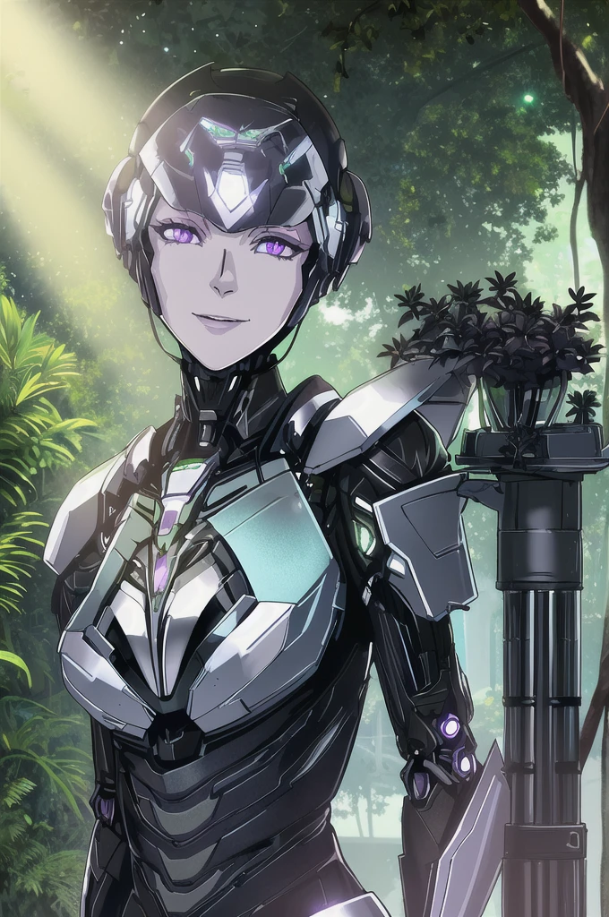 metallic workshop, plants, vegetation, weak lights and shadows, sunlit, tree canopy, - upper body, mech-girl, md-mech, medium breasts, res short hair, violet eyes, evil smiling, looking viewer, standing stylish, hand on hips