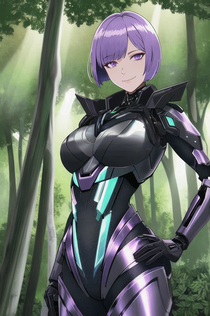metallic workshop, plants, vegetation, weak lights and shadows, sunlit, tree canopy, - upper body, mech-girl, md-mech, medium breasts, res short hair, violet eyes, evil smiling, looking viewer, standing stylish, hand on hips