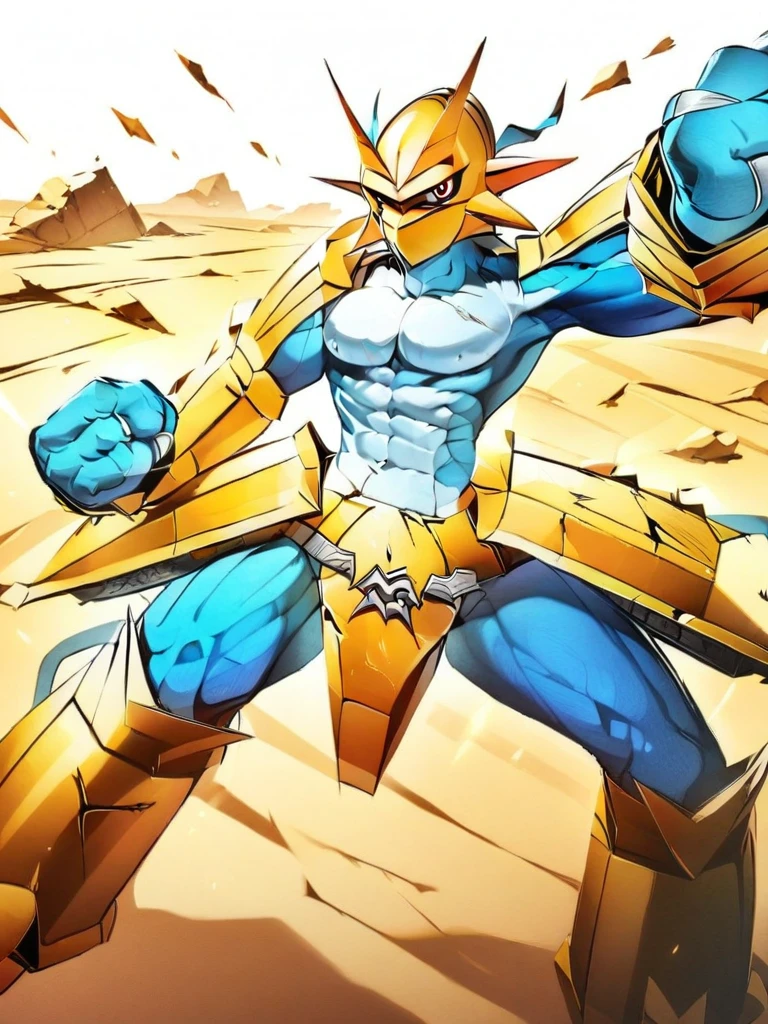 solo,angry Magnamon,tall, blue and white skin,(battle damaged:1.5),(topless Magnamon:2),(armor fragments:1.5),(shirtless:1.5), fighting_stance, in desert ,full_shot