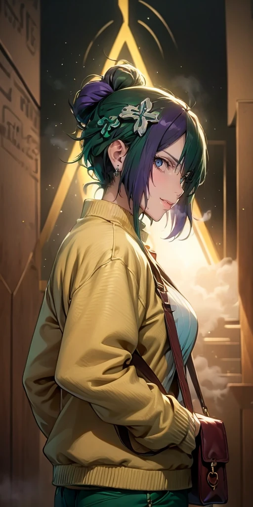 MC, ahoge, (long hari, purple hair:1.3), hair ornament, dark-blue eyes, anatomically correct, heavy breathing, mature female, 1girl, solo, breasts, looking at viewer, long sleeves, jewelry, green eyes, jacket, cowboy shot, earrings, parted lips, pants, bag, from side, green jacket, shoulder bag simple background, (bokeh:1.3) reflective, (fog:1.3), fireflies, hollow eyes, bright pupils, dark-blue eyes, looking at viewer. glowing eyes heavy breathing, seductive smile, (steaming face:1.3), blush face, lips,